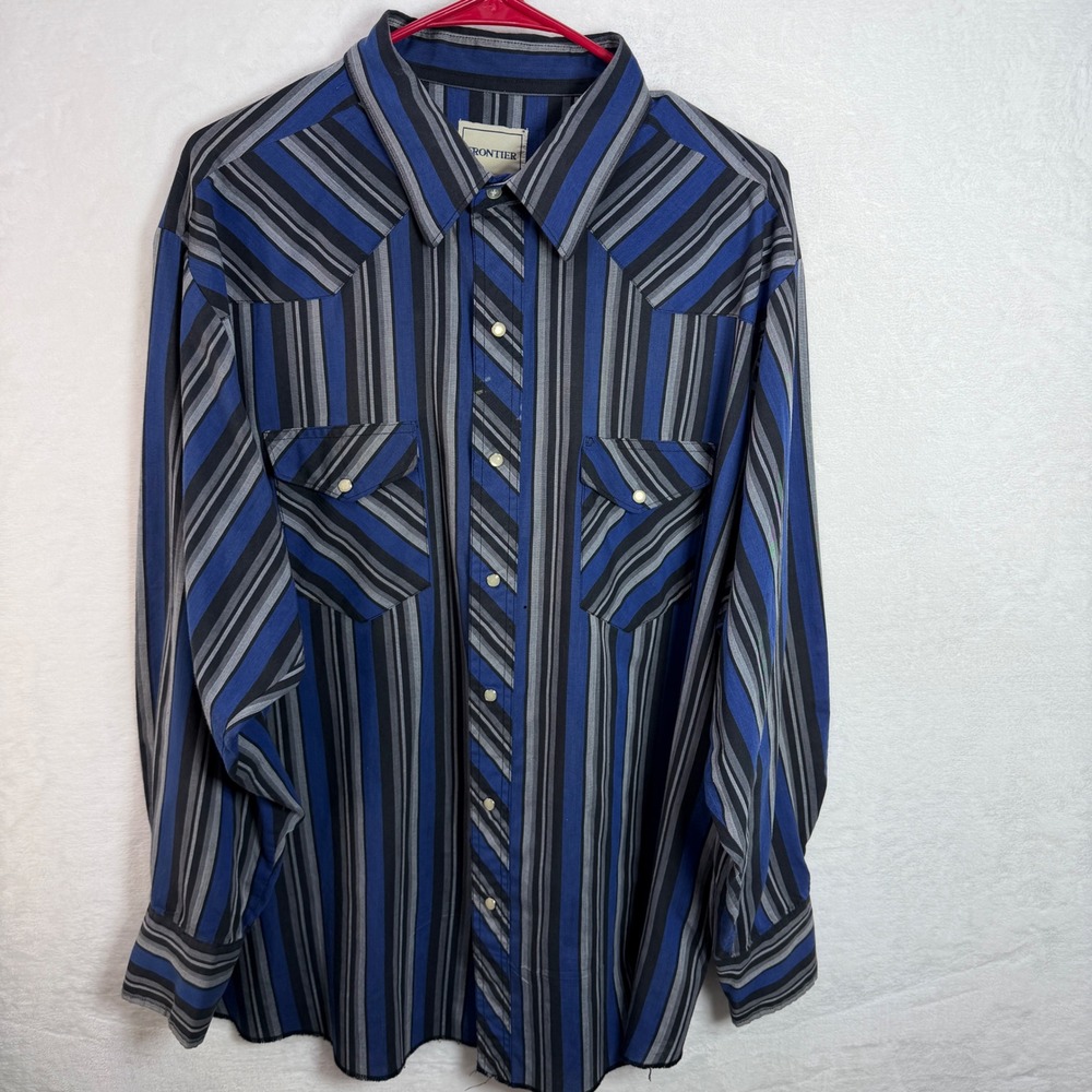 VTG Frontier Mens Blue Black Striped Western Pearl Snap‎ Shirt Cowboy